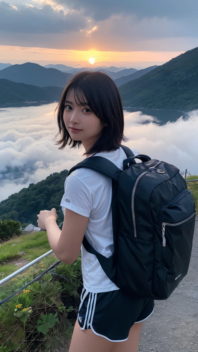 Highest quality, masterpiece, Ultra-high resolution, (Realistic:1.3), RAW Photos, (Nature landscape photography), (Majestic Mountain, sea of clouds), (At the top of a very high mountain), (sunset),
(One Girl), (Upper Body), (20-year-old), (smile:0.9), (Glowing Skin), (short hair, Dark brown hair),
(White T-shirt), (Trekking shorts), (Carry a large backpack on your back),
(Ultra detailed face), (Super beautiful poop), (Highly detailed eyes), (Highly detailed nose), (Highly detailed mouth), (Very skilled hands), (Super-detailed body), Sony a7, 85mm lens, f9.0, Pan Focus