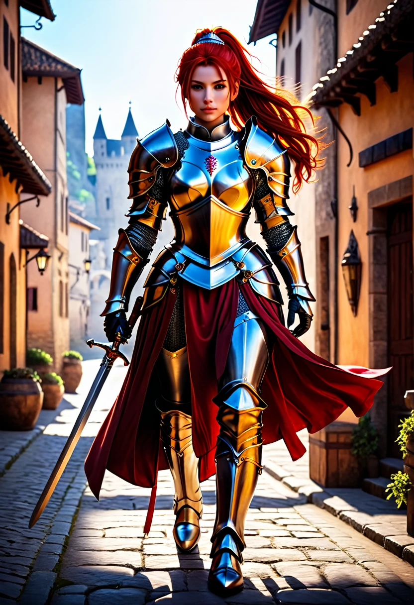 aarafed a picture of an ((epic huge cat: 1.5))  (( epic huge cat: 1.5)) walking with a knight in fantasy street, an ((cat big as a horse)), the cat is wearing armor ready for battle, dynamic color cat BREAK a human knight, full body, ((anatomically correct: 1.5) walking near him, female knight, red hair, long hair, hair in a pony tail, wearing knight's armor, decorated armor, high heeled boots, Hyperrealism style, vibrant, Ultra-high resolution, High Contrast, (masterpiece:1.5), highest quality, Best aesthetics), best details, best quality, highres, ultra wide angle, 16k, [ultra detailed], masterpiece, best quality, (extremely detailed) RAW, ArmoredDress