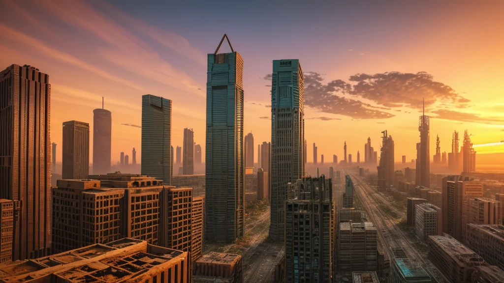 dystopic world; sunset, abandoned decayed city; lot of plants growing in front. lonely big mech works on resources on skyscrapers