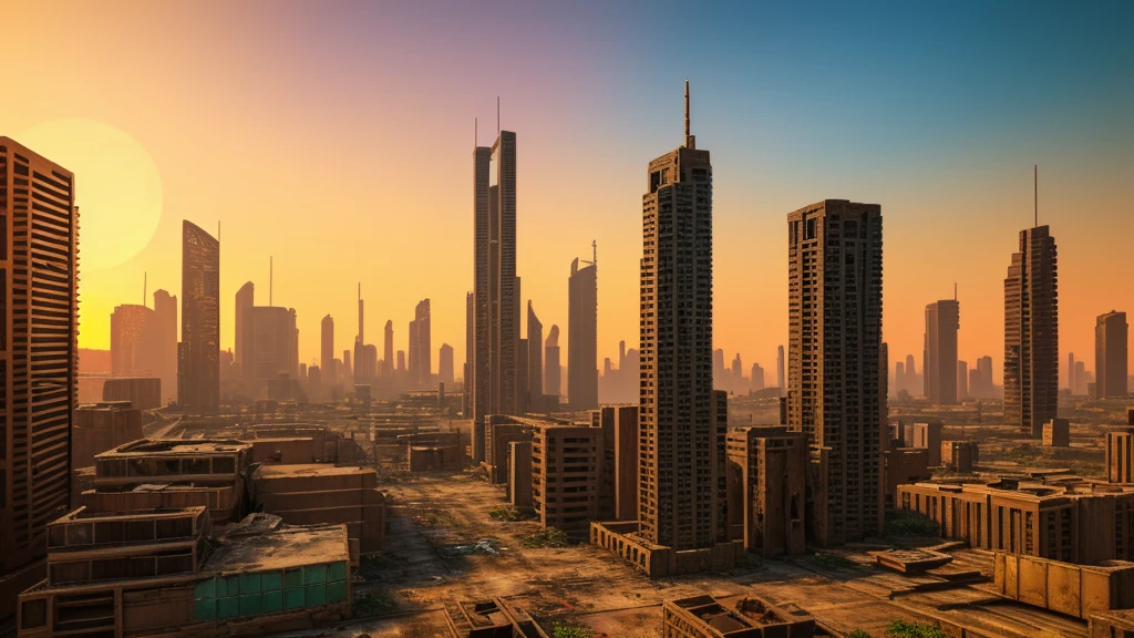 dystopic world; sunset, abandoned decayed city; lot of plants growing in front. big mech works on resources on skyscrapers