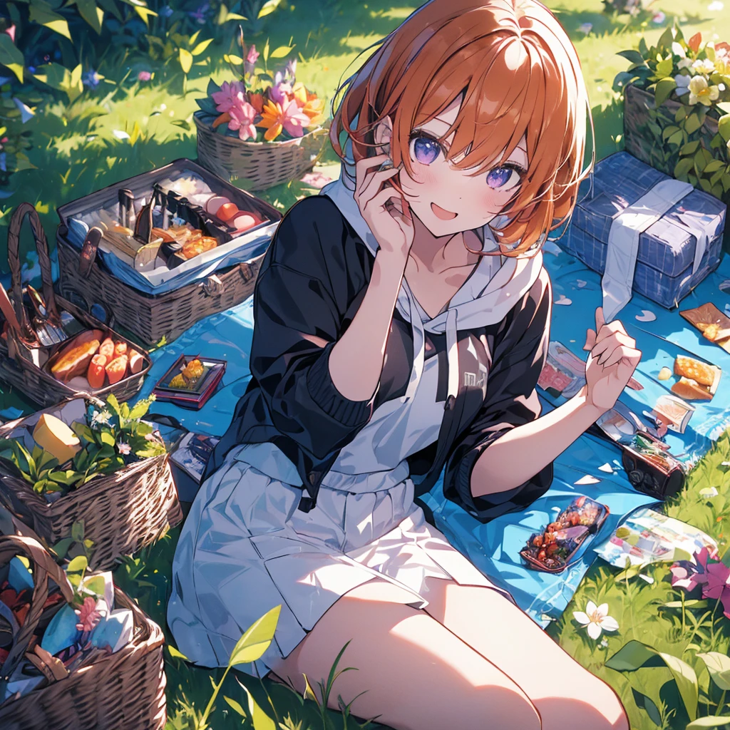 (Recall,food:1.3),(picnic:1.3),basket, Park with a view, Highest quality, grassland park, blue sky, hiking, Best image quality,Perfect Anatomy,masterpiece,Ultra-detailed,beautiful,super high quality, Highest quality,High resolution, Very detailed,Game CG,Dutch Angle ,beautiful細部までこだわった目,Visual Arts,Five Fingers, Perfect hands,Hide your hands, {{{One Girl}}}, beautiful詳細な女の子, Game CG, Spring flower, One curl on the outside, Short Bob Hair, Pastel orange hair, Purple eyes,Stylish accessories solo, breast enhancement, Medium Shoot, woman, Take-out, Laughter, huge ,,Pastel green checkered mini skirt,Black knee-highs, {{{{{Wearing a pastel green hoodie}}}}},Open your mouth, wonderful, beautiful細部までこだわった目, Highest quality, Very delicate,Masseter muscle area,Highest quality,(Official Art、Highest quality、Unity 8k wallpaper、32K、masterpiece、Ultra-detailed、超High resolution、Realistic、Photorealistic:1.2)、(Cinema Lighting:1.2)、Fire Glow Effect、The most grainy shadows on the film、Side light、Side Shot、(Ultra-detailedで複雑な3Dレンダリング)、Atelier Series, Multiple Girls.