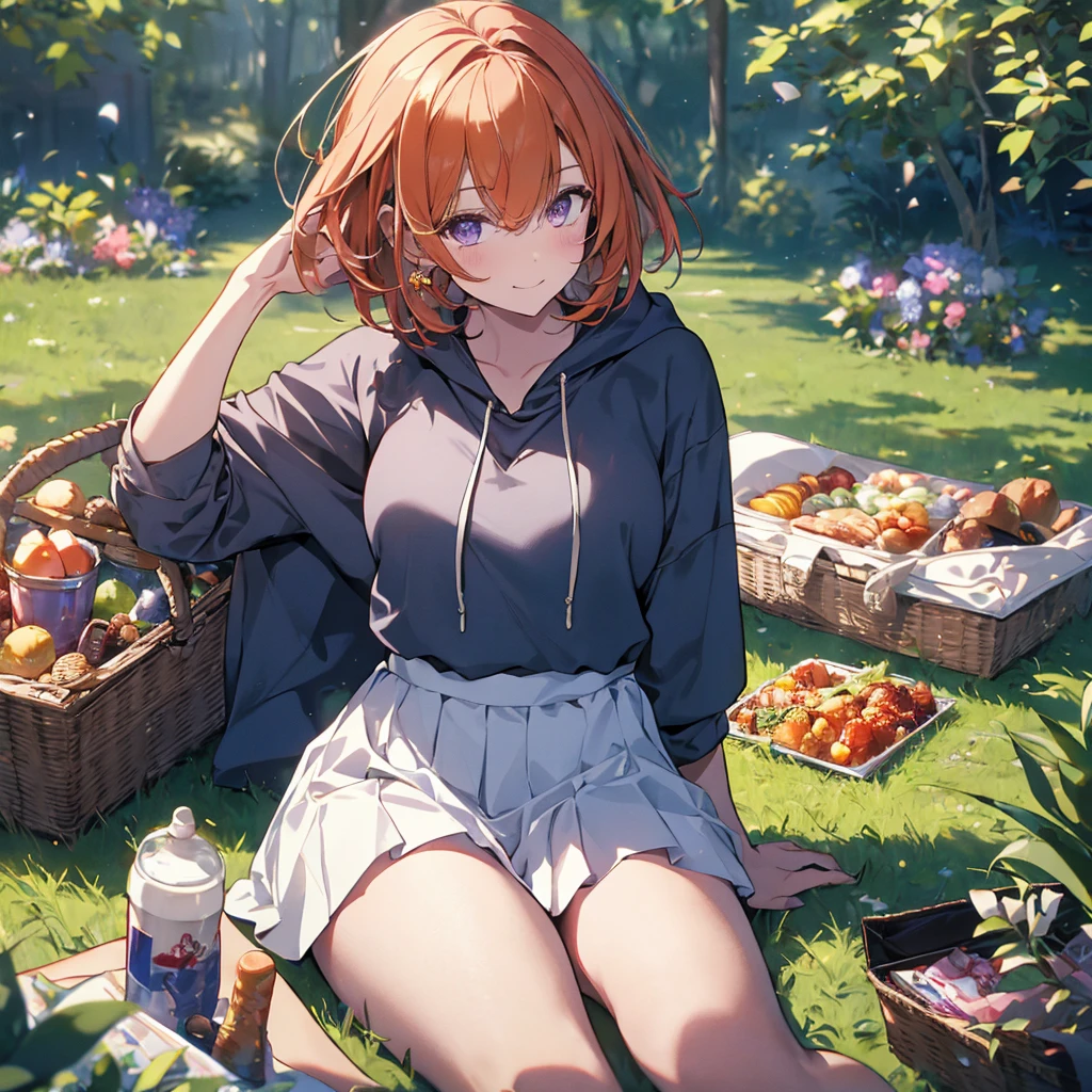 (Recall,food:1.3),(picnic:1.3),basket, Park with a view, Highest quality, grassland park, blue sky, hiking, Best image quality,Perfect Anatomy,masterpiece,Ultra-detailed,beautiful,super high quality, Highest quality,High resolution, Very detailed,Game CG,Dutch Angle ,beautiful細部までこだわった目,Visual Arts,Five Fingers, Perfect hands,Hide your hands, {{{One Girl}}}, beautiful詳細な女の子, Game CG, Spring flower, One curl on the outside, Short Bob Hair, Pastel orange hair, Purple eyes,Stylish accessories solo, breast enhancement, Medium Shoot, woman, Take-out, Laughter, huge ,,Pastel green checkered mini skirt,Black knee-highs, {{{{{Wearing a pastel green hoodie}}}}},Open your mouth, wonderful, beautiful細部までこだわった目, Highest quality, Very delicate,Masseter muscle area,Highest quality,(Official Art、Highest quality、Unity 8k wallpaper、32K、masterpiece、Ultra-detailed、超High resolution、Realistic、Photorealistic:1.2)、(Cinema Lighting:1.2)、Fire Glow Effect、The most grainy shadows on the film、Side light、Side Shot、(Ultra-detailedで複雑な3Dレンダリング)、Atelier Series, Multiple Girls.