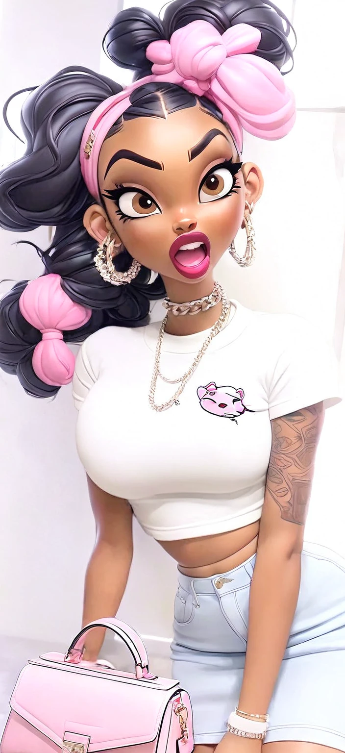 Cute 3D character, brown skin woman in a white cropped t - shirt and a pink purse, y2k style, thick body, thick hips, black long straight hair , wearing a sexy cropped tops, diamond grillz on teeth, pink hair band, black short skirt, doja cat, wearing a cropped top, belly button showing, rapper, graphic tees shirt, Angry face
