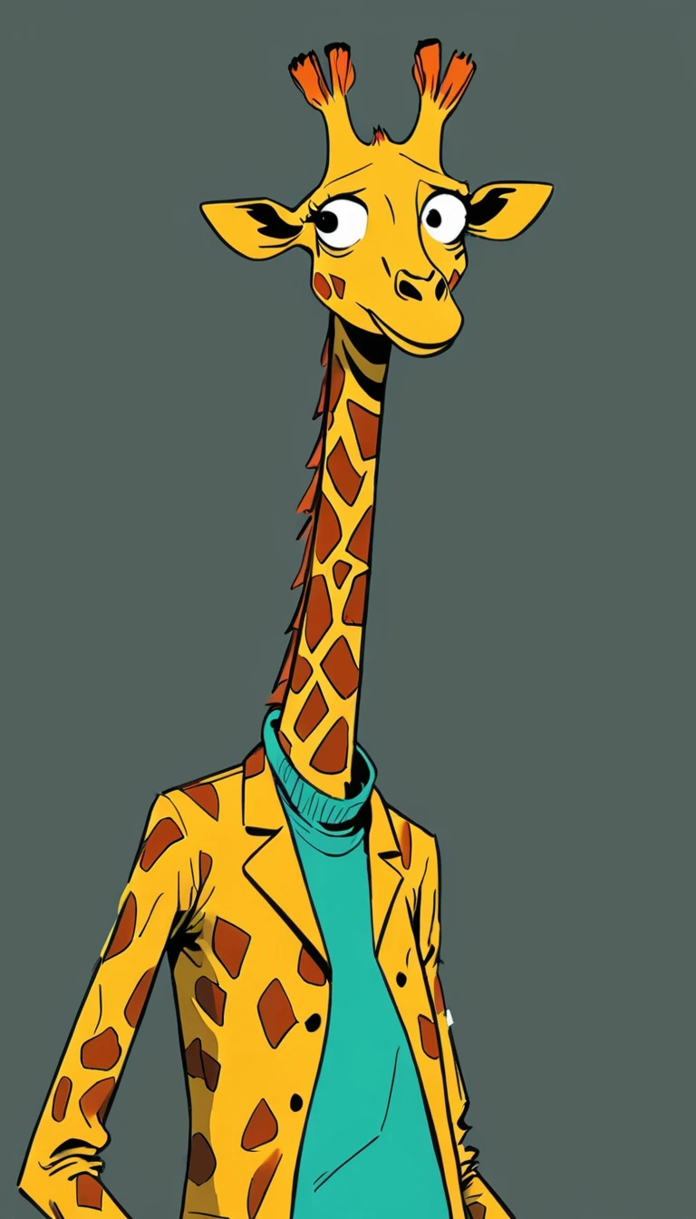 (((Exaggerated digital character sketches:1.37,Matchstick Men))).(1 giraffe,(Exaggerated expression,),(Black sketch lines,Loose brushstrokes create the outline,Cartoon Style. Bright colors and simplified lines, sketch)。(Exaggerated body movements),(Large area of blank)