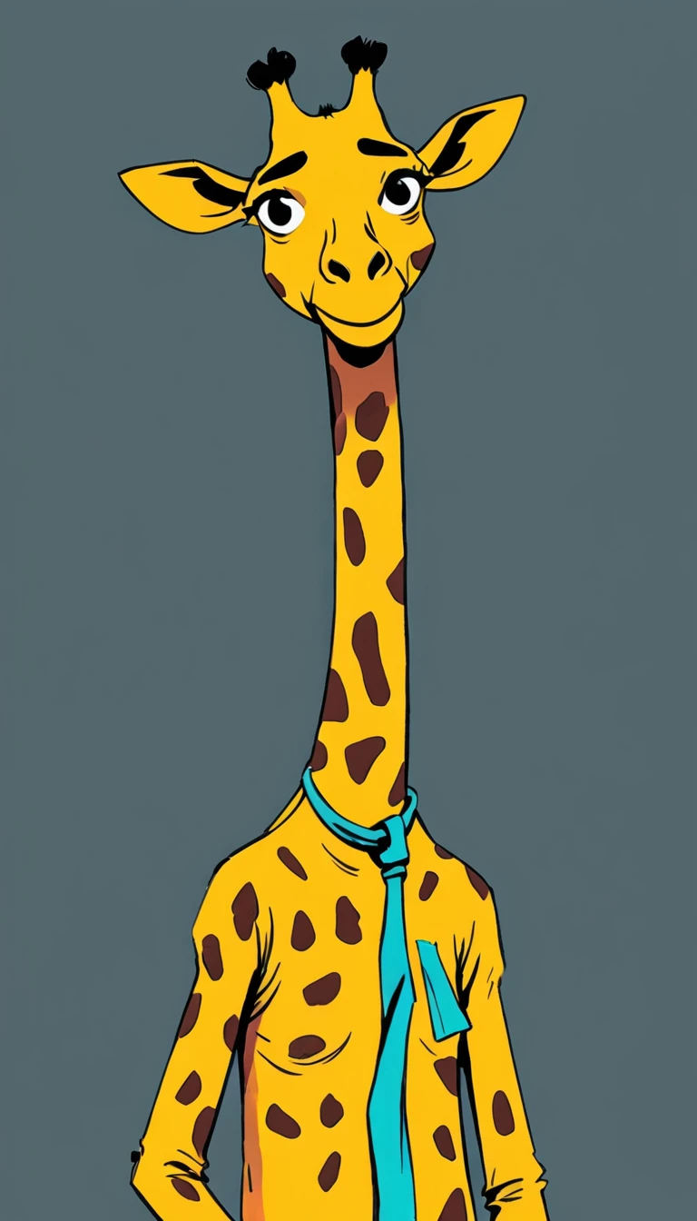 (((Exaggerated digital character sketches:1.37,Matchstick Men))).(1 giraffe,(Exaggerated expression,),(Black sketch lines,Loose brushstrokes create the outline,Cartoon Style. Bright colors and simplified lines, sketch)。(Exaggerated body movements),(Large area of blank)