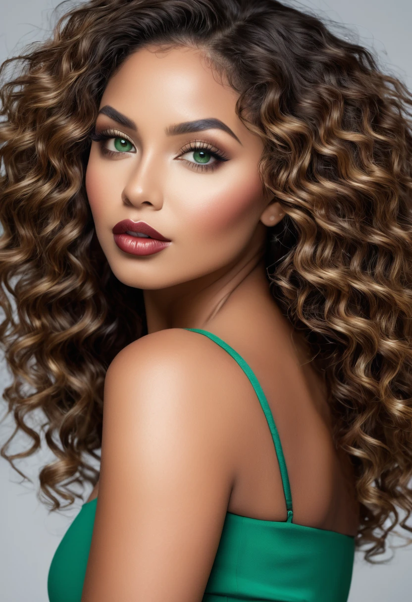 A woman in a blue dress posing for a photo, dress with slits, tight, curvaceous. lascivious pose Completely Arafed brunette woman with green eyes, eyes open and head held high. Confident pose, confident pose, beautiful young dark-skinned black woman, mixed-race black Brazilian, beautiful 30 year old Afro-Latina girl, beautiful African and Latina woman, a unique mix of indigenous, African and European ebony. The hair is extremely curly, with well-defined and voluminous curls. The natural texture. Her hair is long, falling in voluminous waves around her shoulders and down her back. The hair is left with a lot of volume, creating a full and dense appearance. The hair is blonde. green eyes, green eyes, expressive green eyes, beautiful green eyes, realistic green eyes, detailed green eyes (eyeliner, long eyelashes). Perfect, thick eyebrows. the nose is small and proportional, the face is beautiful. Attractive and irresistible mouth, well-defined lips, full lips, voluminous lips, seductive lips. The face is oval, with high cheekbones and a well-defined chin, a beautiful and detailed face. Professional, dramatic makeup, a more impactful look with shadows that accentuate the captivating look, striking makeup, with eyeliner, black lipstick. Skin Tone: Dark skin, detailed skin texture, beautiful and glowing skin, intricate details. The woman has a well-defined and athletic body. Her silhouette is shapely, highlighting her slim waist in contrast to her full hips and bust. She has a prominent bust, huge breasts, big firm breasts, silicone breasts, voluminous breasts, large breast implants, busty, fake breasts, gigantic breasts. Thin waist. wide hips, beautiful ass, sloping butt, large hips, chubby thighs, wide buttocks, visible curves, pronounced hourglass body shape. Long, thick legs. 50 mm lens, f/2.8, hdr, (8K) RAW photo, high quality resolution, uhd, dslr, 2k, 4K, 8K, 16k