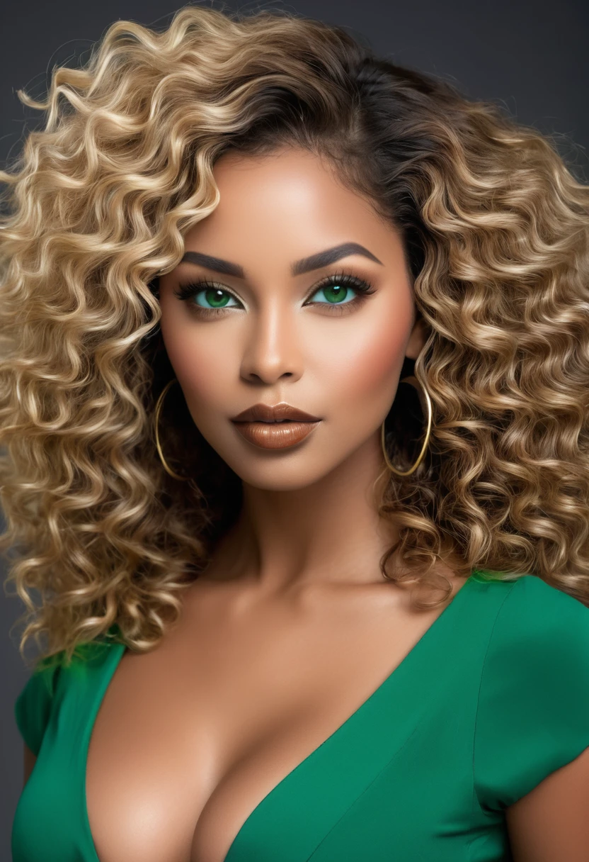 A woman in a blue dress posing for a photo, dress with slits, tight, curvaceous. lascivious pose Completely Arafed brunette woman with green eyes, eyes open and head held high. Confident pose, confident pose, beautiful young dark-skinned black woman, mixed-race black Brazilian, beautiful 30 year old Afro-Latina girl, beautiful African and Latina woman, a unique mix of indigenous, African and European ebony. The hair is extremely curly, with well-defined and voluminous curls. The natural texture. Her hair is long, falling in voluminous waves around her shoulders and down her back. The hair is left with a lot of volume, creating a full and dense appearance. The hair is blonde. green eyes, green eyes, expressive green eyes, beautiful green eyes, realistic green eyes, detailed green eyes (eyeliner, long eyelashes). Perfect, thick eyebrows. the nose is small and proportional, the face is beautiful. Attractive and irresistible mouth, well-defined lips, full lips, voluminous lips, seductive lips. The face is oval, with high cheekbones and a well-defined chin, a beautiful and detailed face. Professional, dramatic makeup, a more impactful look with shadows that accentuate the captivating look, striking makeup, with eyeliner, black lipstick. Skin Tone: Dark skin, detailed skin texture, beautiful and glowing skin, intricate details. The woman has a well-defined and athletic body. Her silhouette is shapely, highlighting her slim waist in contrast to her full hips and bust. She has a prominent bust, huge breasts, big firm breasts, silicone breasts, voluminous breasts, large breast implants, busty, fake breasts, gigantic breasts. Thin waist. wide hips, beautiful ass, sloping butt, large hips, chubby thighs, wide buttocks, visible curves, pronounced hourglass body shape. Long, thick legs. 50 mm lens, f/2.8, hdr, (8K) RAW photo, high quality resolution, uhd, dslr, 2k, 4K, 8K, 16k