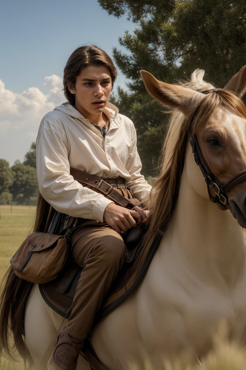 A young male twink, 20 years old, with a cute, angelic face, with make-up and black hair, wearing a long-sleeved white medieval shirt and brown medieval pants. He is on the battlefield, riding on a horse, and behind him are many soldiers deployed, and he looks angrily as if the horse was on the battlefield.  He runs