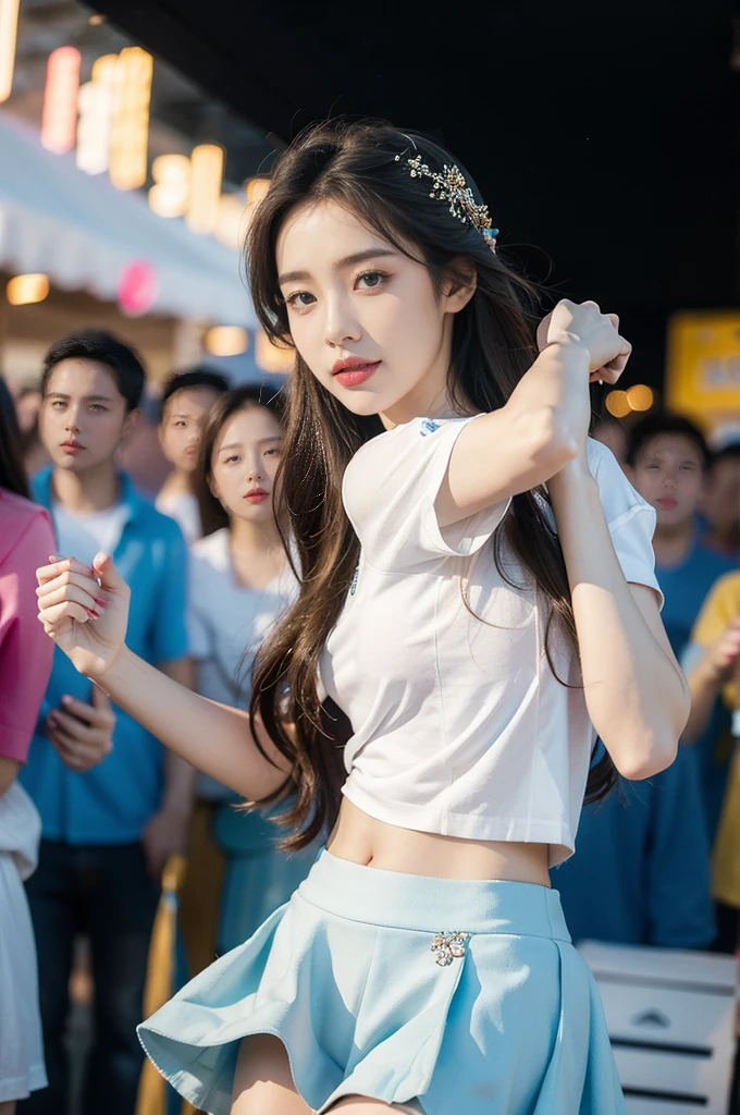 (((best quality))), (((ultra detailed))), (((masterpiece))), illustration,((a beautiful girl,solo)),((slim,thin)),((small breasts,flat chest,claviclis,navel)),(white shirt with blue short sleeves:1.5),(blue mini-skirt:1.3),(slender legs:1.2),dancing,((on a stage,outside a shopping mall, at the entrance of a beer promotional event,on the street)), ((surrounded by crowded crowds)),((her hair and the edges of her skirt fluttering in the air)), the girl's attire reflecting the vibrant spirit of summer, a sense of youthful charm and confidence exuding from her, her hair flows freely in the wind, the fluttering skirt accentuating her graceful movements, her expressive eyes and infectious smile drawing people closer, the stage adorned with colorful decorations, the vibrant atmosphere enhanced by the enthusiasm of the crowd, onlookers of various ages captivated by her performance, clapping, cheering, and taking photos, the girl's graceful dance transforming the ordinary streets into a vibrant and lively venue, her energy and charisma captivating the audience, the scene encapsulating the spirit of summer and the beauty of artistic expression,(night scene:1.3),(from front:1.3)