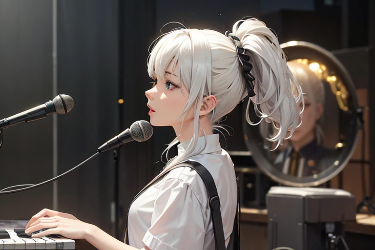 (Highest quality,8k,High resolution,masterpiece:1.2),((masterpiece,Highest quality)), 非常に詳細なHigh resolution,1 girl,(White Hair),ponytail, ((A girl in her fifties singing into a microphone while playing a synthesizer)),((Standing whole body)), (Slender body:1.5),A girl playing the Yamaha MONTAGE7 on stage,Highly detailed skin and facial textures:1.3, Ultra detailed face, Detailed arms, Beautiful attention to detail,Beautiful lip detail,Album cover by Yokoyama Taikan, Playing synthesizer on stage, Shutterstock, realism, Perform on stage, vocalist, Live Performance, Singer-songwriter,Woman playing an electronic piano, Singer-songwriter, Photo taken with Nikon D750,Shot with Canon EOS 5D Mark IV, 