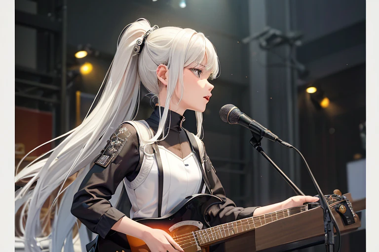 (Highest quality,8k,High resolution,masterpiece:1.2),((masterpiece,Highest quality)), 非常に詳細なHigh resolution,1 girl,(White Hair),ponytail, ((A girl in her fifties singing into a microphone while playing a synthesizer)),((Standing whole body)), (Slender body:1.5),A girl playing the Yamaha MONTAGE7 on stage,Highly detailed skin and facial textures:1.3, Ultra detailed face, Detailed arms, Beautiful attention to detail,Beautiful lip detail,Album cover by Yokoyama Taikan, Playing synthesizer on stage, Shutterstock, realism, Perform on stage, vocalist, Live Performance, Singer-songwriter,Woman playing an electronic piano, Singer-songwriter, Photo taken with Nikon D750,Shot with Canon EOS 5D Mark IV,