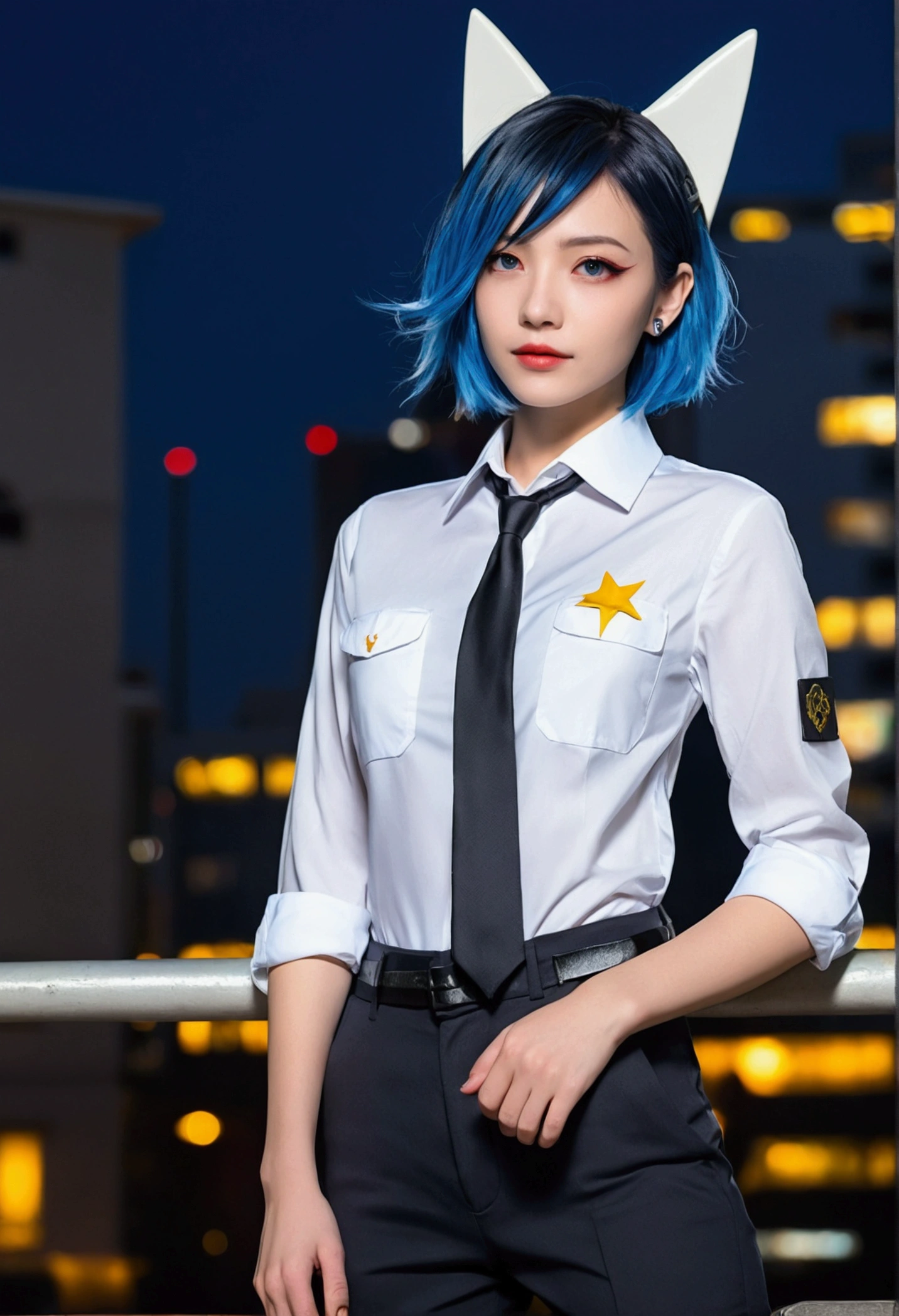 Little breasts, blue hair, short hair, yellow star hair clip, Right blue eye, left red eye, white shirt, black tie, Four pocket black cargo pants, night city, Blue shark tail, Shark fin on head