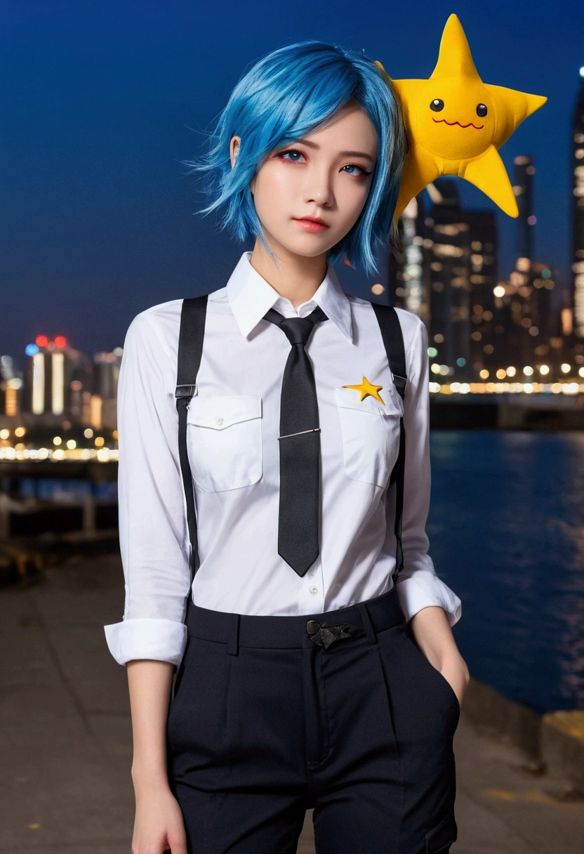 Little breasts, blue hair, short hair, yellow star hair clip, Right blue eye, left red eye, white shirt, black tie, Four pocket black cargo pants, night city, Blue shark tail, Shark fin on head