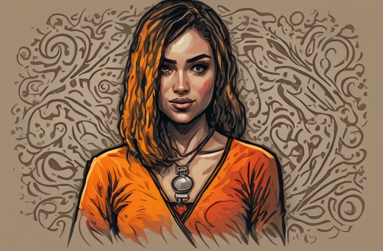Highly detailed and stylized digital illustration featuring a woman with long, flowing black hair adorned with intricate floral and geometric elements. The layout is vertical, with the subject positioned in a three-quarter profile view, looking to the left. Her facial features are delicate, with fair skin, large expressive eyes, and a calm expression. The artwork incorporates a mix of traditional and modern elements, including vibrant red and orange flowers, ornate patterns, and abstract shapes. The woman's attire is detailed with elaborate designs, and she has a prominent tattoo on her upper arm. The background is a blend of black, white, and red splashes, adding depth and contrast to the composition.