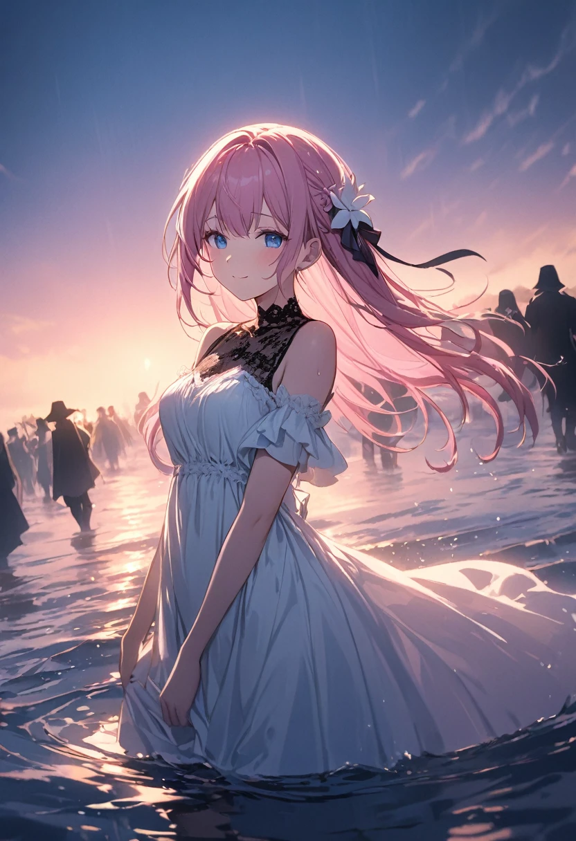 (Highest quality, masterpiece, Very detailedな, Very detailed, Exquisite, 16K,Full HD),Lilia, A girl with long pink hair, Blue eyes, a white dress with black lace, a big pink ribbon on her chest, a white flower hair ornament around her right ear.A little closer,Golden Ratio,Dramatic lighting,pastel colour,Soft lighting,Laughter,Mysterious沼地で, Walking in the water, twilight, A crowded and eerie composition, Low angle shot, Dim and misty light, Character Movement, Wet, Mysterious (Fantasy, Romantic atmosphere),
