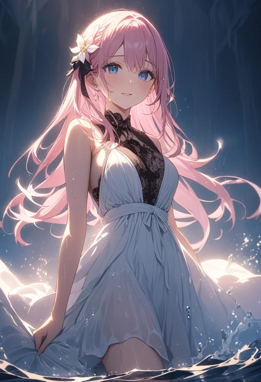 (Highest quality, masterpiece, Very detailedな, Very detailed, Exquisite, 16K,Full HD),Lilia, A girl with long pink hair, Blue eyes, a white dress with black lace, a big pink ribbon on her chest, a white flower hair ornament around her right ear.A little closer,Golden Ratio,Dramatic lighting,pastel colour,Soft lighting,Laughter,Mysterious沼地で, Walking in the water, twilight, A crowded and eerie composition, Low angle shot, Dim and misty light, Character Movement, Wet, Mysterious (Fantasy, Romantic atmosphere),