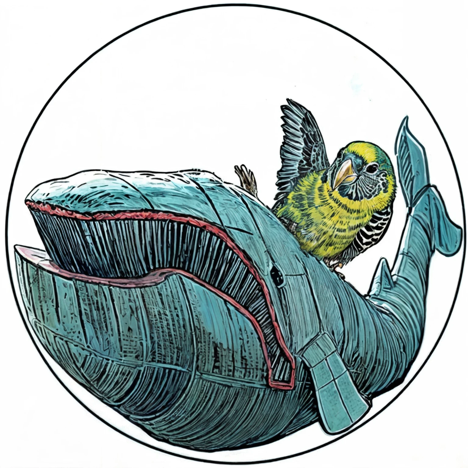 there is a bird that is sitting on a whale's back, cyborg whale, full color illustration, space whale, flying whale, by David G. Sorensen, an illustration of, whale, inspired by Yuko Shimizu, by Tom La Padula, inspired by Tim Doyle, wildlife illustration, by Joe Stefanelli, subreddit / r / whale