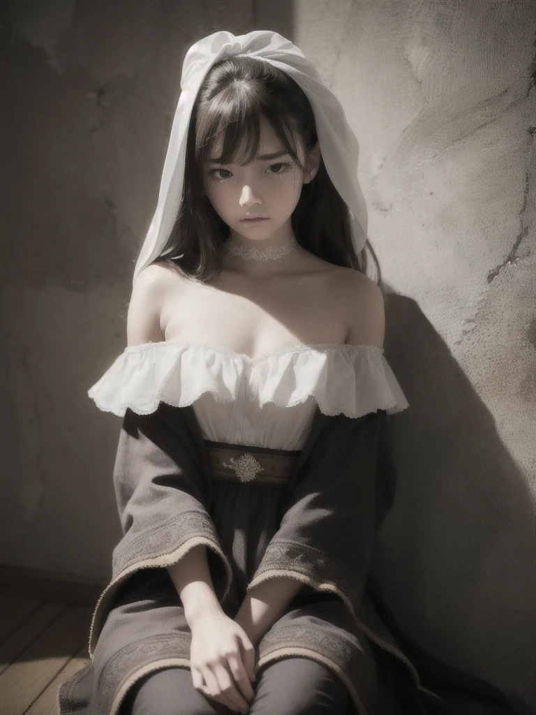 Best quality, masterpiece, ultra high res, (photorealistic:1.4), raw photo, (Authentic skin texture:1.3), (film grain:1.3), panorama, character portrait, very wide shot, narrow waist, cowboy shot, (in the dark, deep shadow, low key, cold light,) night, close-up,
indoor, dust, Tyndall effect, sad, disappointed, gloom (expression), sitting, (against wall), crying, frown, (head bowed), nervous, tearing up, lonely,
1girl, beautiful detailed eyes and face, white jabot, off shoulder, brown eyes,