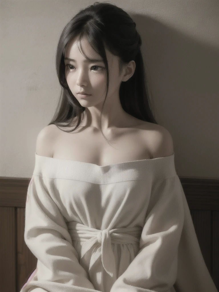 Best quality, masterpiece, ultra high res, (photorealistic:1.4), raw photo, (Authentic skin texture:1.3), (film grain:1.3), panorama, character portrait, very wide shot, narrow waist, cowboy shot, (in the dark, deep shadow, low key, cold light,) night, close-up,
indoor, dust, Tyndall effect, sad, disappointed, gloom (expression), sitting, (against wall), crying, frown, (head bowed), nervous, tearing up, lonely,
1girl, beautiful detailed eyes and face, white jabot, off shoulder, brown eyes,