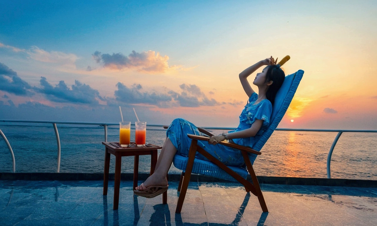 sunset .blue sky，baiyun，Ocean，Tropical Juice,girl,chair,Shinkai