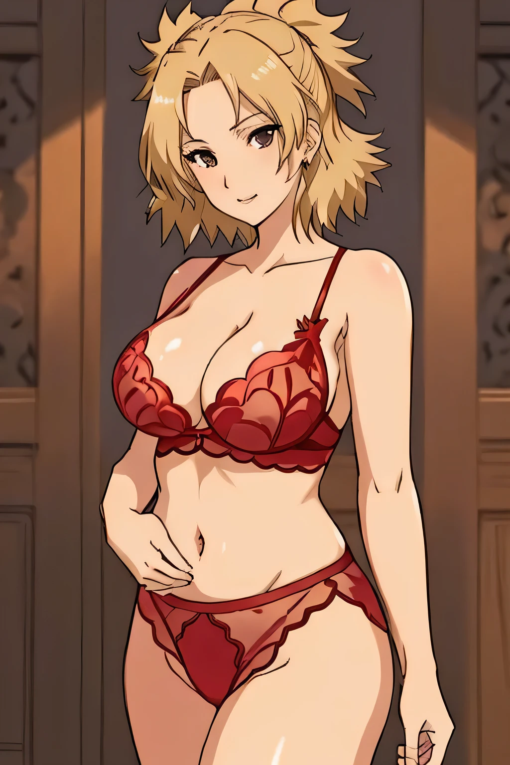 beautiful woman, (Masterpiece), Temari, detailed, epic, front Photo，short hair, full body, groin, belly button, red lingerie, Upper body close-up，big breasts soft light, (natural skin texture:1.2), sharp focus, focus，cleavage, high detailed, 4k quality, beautifull detail, background beach