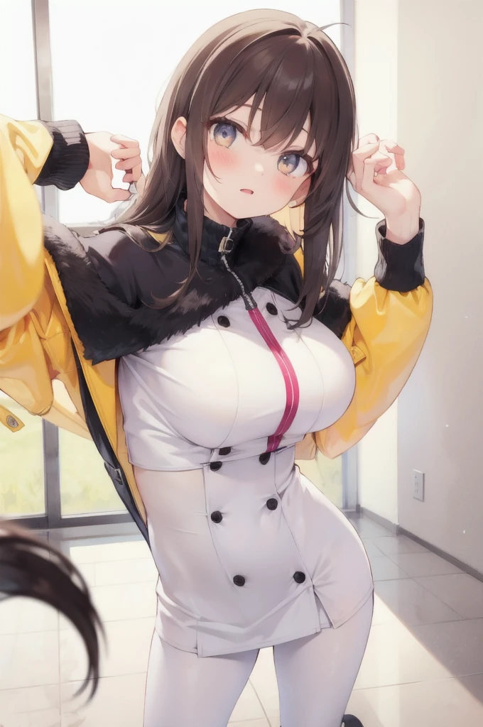 1.5),(girl),(Dynamic pose),Brown Hair,(Vermilion eyes),(first round),Big Breasts,White dress,Yellow coat,Korone