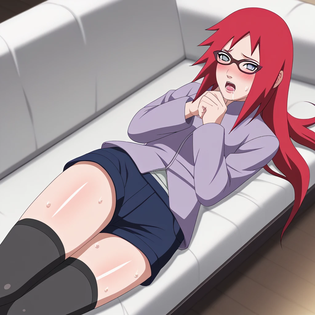 Red hair, 1 Girl, Glasses, Long hair, Red Eyes, Solitary, Long gown, Black over-the-knee stockings, 黑色shorts, Umbilical cord, Looking at the audience,Medium breasts, No students, Keep your legs together, zipper,Closed-toe shoes, Japanese cartoons screencap, Japanese cartoons coloring,src_Japanese cartoons,Naruto \(series\), Naruto shippuuden,((blush,nervous,Vision,))masterpiece, absurd , (Intricate details), (Colorful), light, Extremely detailed CG unity 8k wallpaper ,1 Girl, solo,(shy,In the hotel,Lying on the bed,night,blush,nervous,Sweating,蕾丝dress, ),sweat,blush,blush1.5,Blush,Medium chest,((dress,Vest,shorts,Black stockings,luxurious hotel,night,))