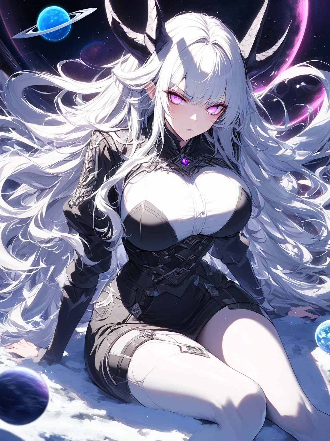 Masterpiece, very detailed, ultra detailed, one, (1 woman), she is in an ancient black futuristic military uniform, and in an elegant position, long hair, bright white hair, snow-white hair and hair on the sides, white demonic horns, beautiful, charming, bright purple eyes, neon eyes, bright eyes, elegant, big breasts, serious face, cold face, charming, against the background of space planets and a black hole.