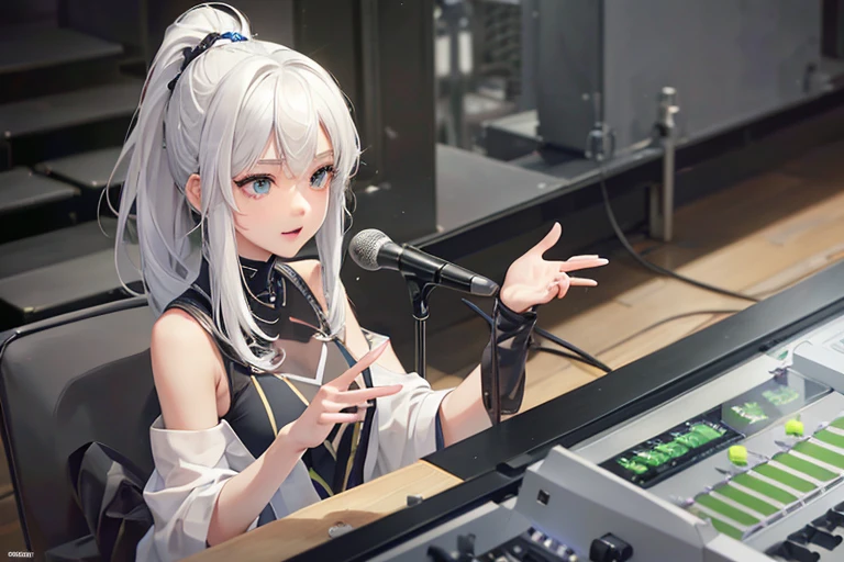 (Highest quality,8k,High resolution,masterpiece:1.2),((masterpiece,Highest quality)), High resolution with great detail,1 girl,(White Hair),ponytail, ((A girl in her fifties singing into a microphone while playing a synthesizer)),((Standing whole body)), (Slender body:1.5),A girl playing the Yamaha MONTAGE7 on stage,Highly detailed skin and facial textures:1.3, Ultra detailed face, Detailed arms, Beautiful attention to detail,Beautiful lip detail,Album cover by Yokoyama Taikan, Playing synthesizer on stage, shutterstock, Realism, Perform on stage, vocalist, Live Performance, Singer-songwriter,Woman playing an electronic piano, Singer-songwriter, Photo taken with Nikon D750,Shot with Canon EOS 5D Mark IV, 