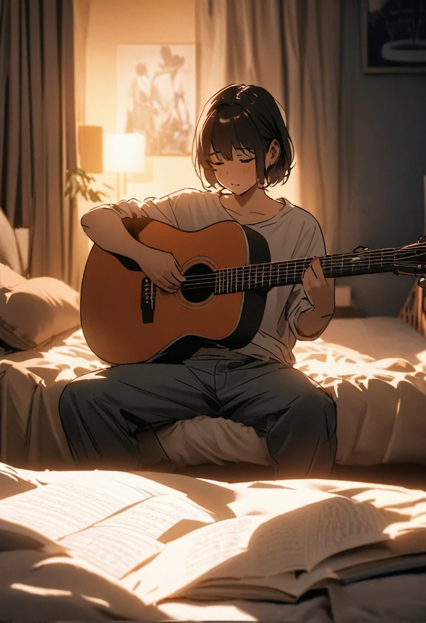 someone plays a guitar and a book in a bed, improvising music, music that reproduces itself, coffee and musical instrument, photo taken in 2 0 2 0, vibrating with the music, playing the guitar, play the guitars, Studying, DND Playback, play the guitar, Studying en el dormitorio, aesthetic shot, night setting, listening to divine music, inside shot, morning shot