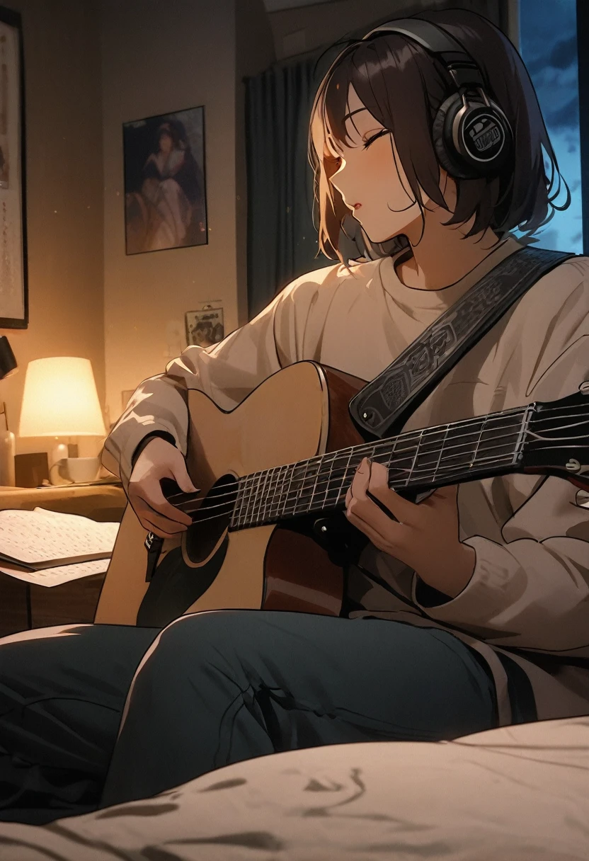 someone plays a guitar and a book in a bed, improvising music, music that reproduces itself, coffee and musical instrument, photo taken in 2 0 2 0, vibrating with the music, playing the guitar, play the guitars, Studying, DND Playback, play the guitar, Studying en el dormitorio, aesthetic shot, night setting, listening to divine music, inside shot, morning shot
