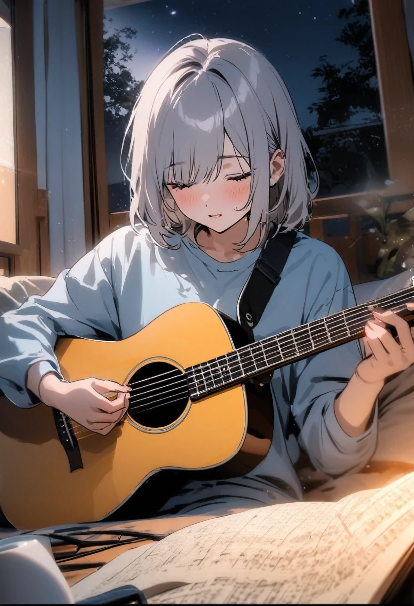 someone plays a guitar and a book in a bed, improvising music, music that reproduces itself, coffee and musical instrument, photo taken in 2 0 2 0, vibrating with the music, playing the guitar, play the guitars, Studying, DND Playback, play the guitar, Studying en el dormitorio, aesthetic shot, night setting, listening to divine music, inside shot, morning shot