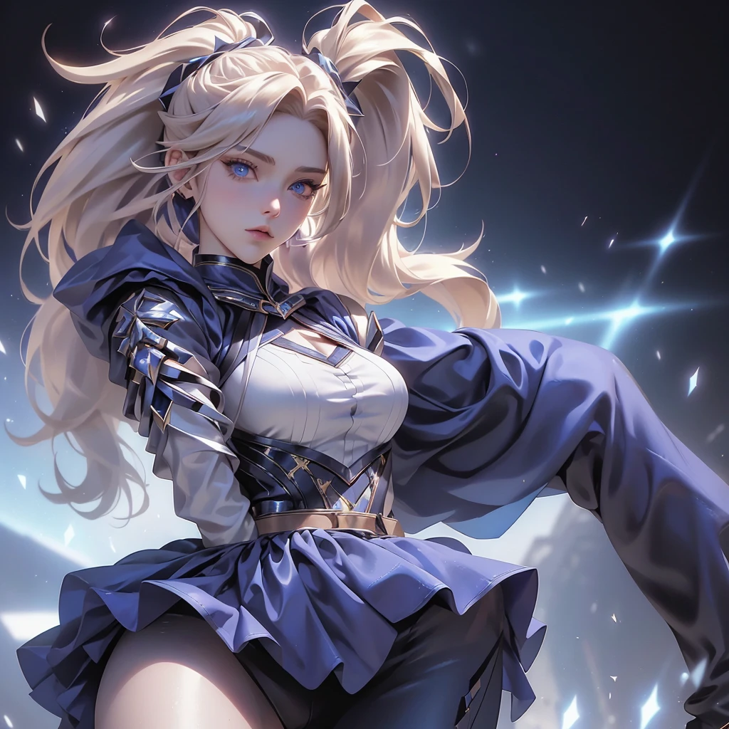 “Satellizer el Bridget from Freezing, a powerful and determined warrior with a commanding presence. She has long, flowing blonde hair that cascades down her back in waves, often tied back in a simple ribbon. Her eyes are a striking blue, reflecting her stoic and resolute nature.
She wears a battle-ready uniform that combines elements of armor and a school outfit. The uniform consists of a fitted white blouse with a dark blue tie and a pleated navy blue skirt. Over her blouse, she wears a form-fitting, armored corset that provides both protection and a sleek appearance. Her sleeves and gloves are reinforced, adding to her combat-ready look. She also wears knee-high boots that match her uniform.
Satellizer’s expression is serious and focused, with a hint of determination in her eyes. She carries herself with a sense of strength and confidence, always ready for battle. In her hands, she often wields a large, intricately designed weapon known as a Volt Weapon, which she handles with remarkable skill and precision. The weapon is sleek and futuristic, with glowing blue accents that match her eyes.
Her posture is strong and poised, exuding a sense of readiness and power. The background can be a futuristic battlefield or a training ground, enhancing her role as a formidable warrior. The overall look captures her strength, determination, and elegance, making her a captivating and powerful character.”