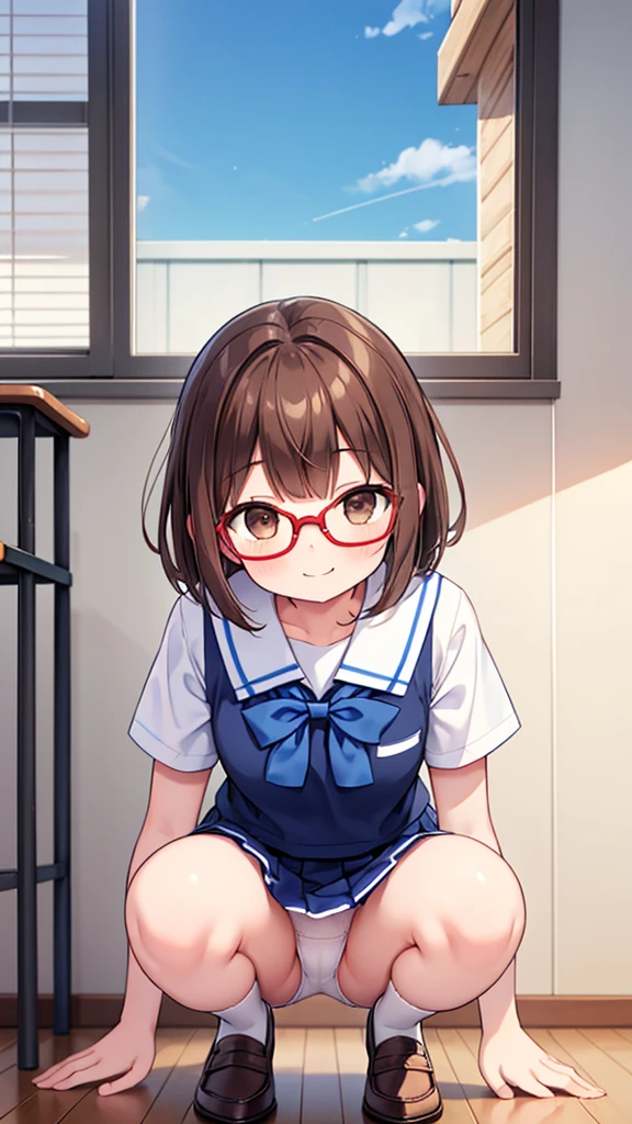 squat、Teasing Smile、Expectations、School、classroom、Midsummer、blue sky、Daytime、pretty girl , Shooting from below, One Girl, Brown Hair、Very short hairstyle, Brown eyes、Red frame glasses、Short sleeve white blouse, Navy Blue Skirt, Navy blue socks, Brown Loafers, White panties、Thin legs、Simple design Masterpiece