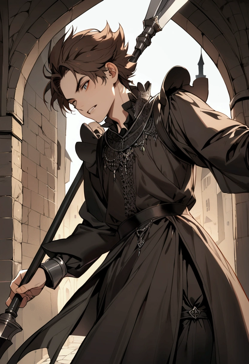 young man, brownhair, teeth sharp like a wolf, medieval black clothing, holding a spear 