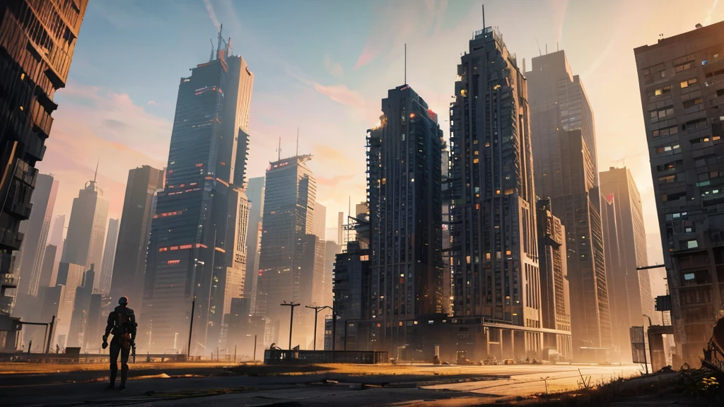 dystopic world; sunset, abandoned decayed city; lot of plants growing in front. lonely big mech works on resources on skyscrapers