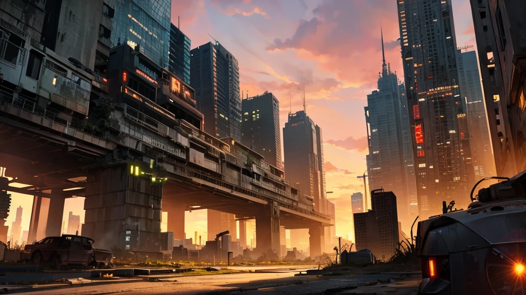 dystopic world; sunset, abandoned decayed city; lot of plants growing in front.  lonely big mech works on resources on skyscrapers