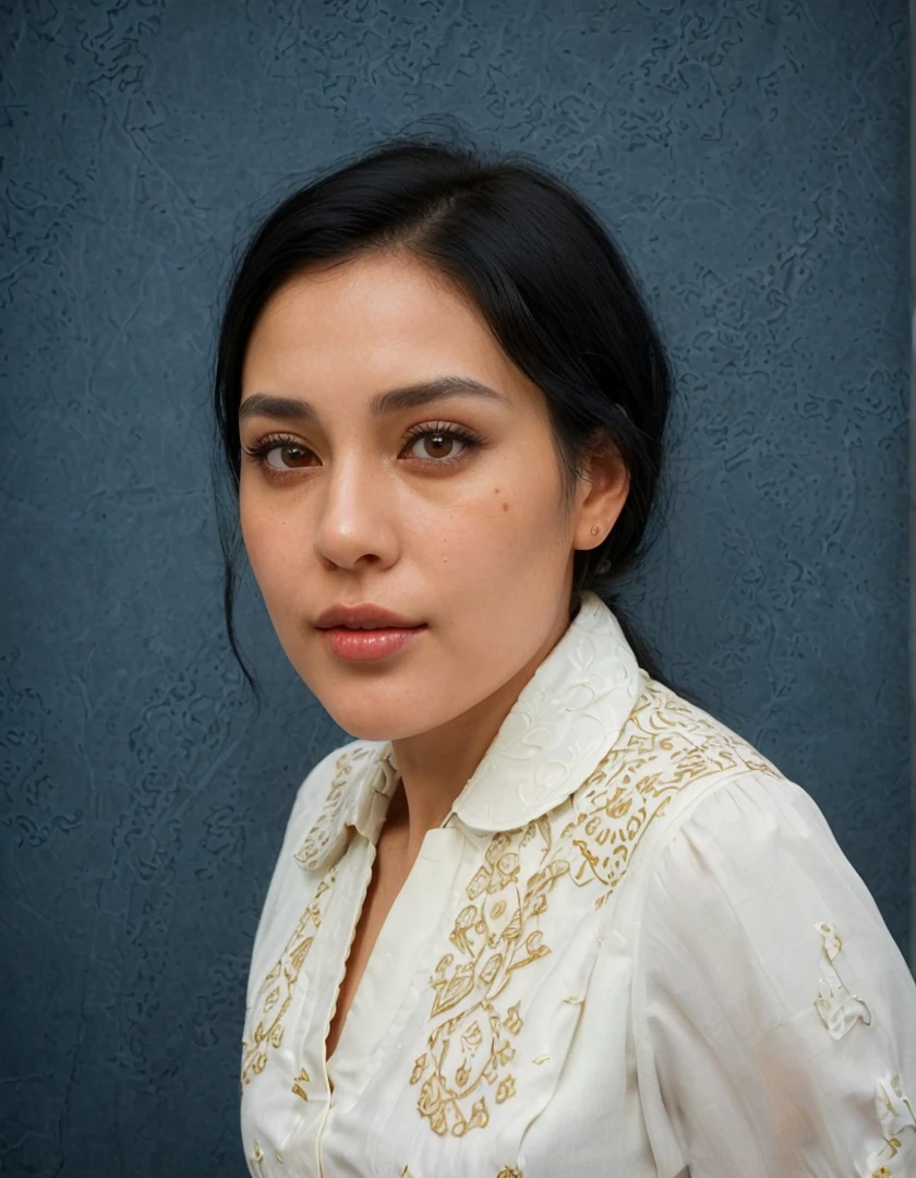 woman with neat, finely detailed black hair and almond-shaped eyes. She wore a white blouse with a traditional, realistic, very detailed patterned collar