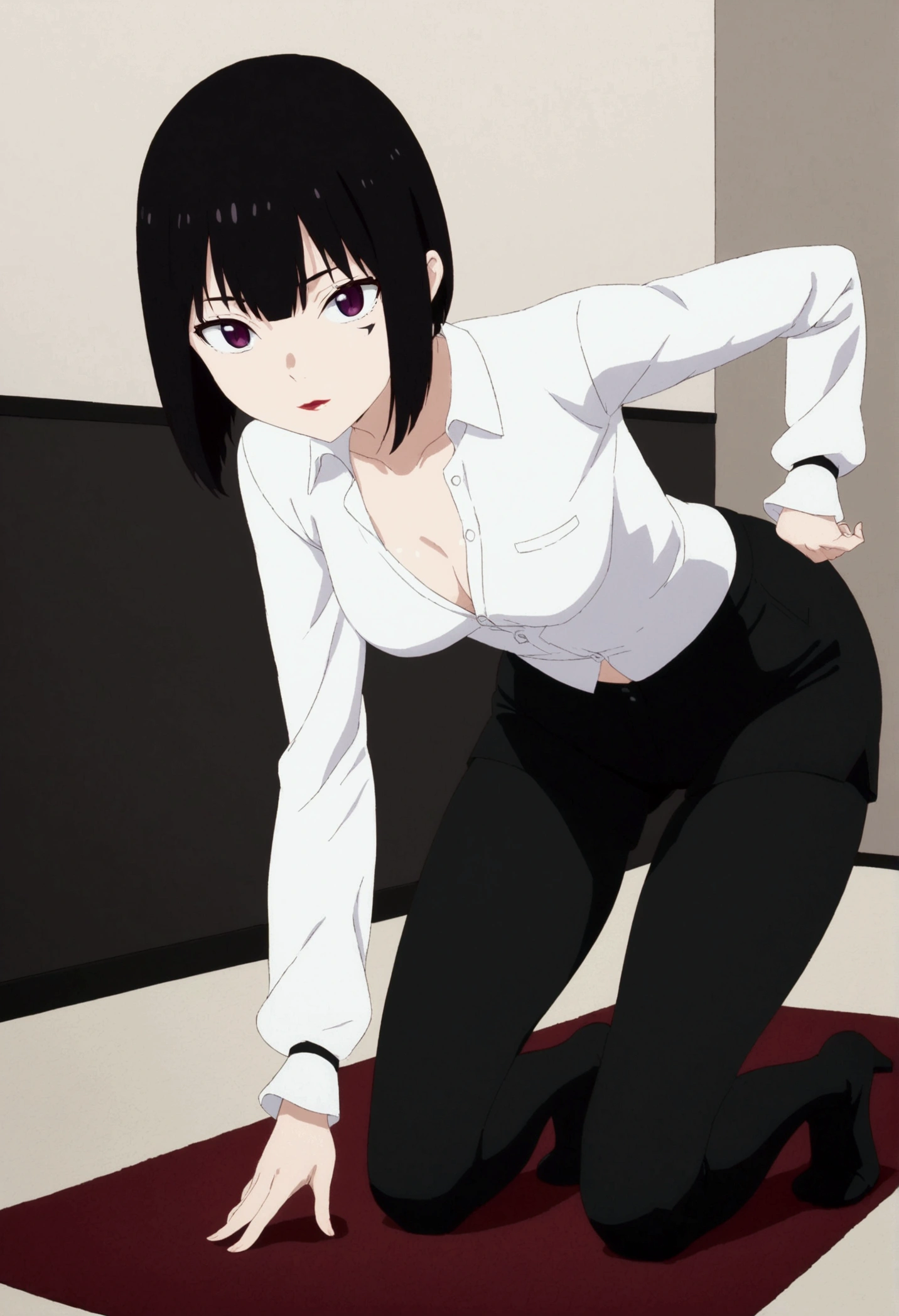 anime cloth capture, citys, 1 girl, standing alone, shorth hair, Bblack hair, purples eyes, gazing at viewer, hair between the eyes, Lewd, cloused mouth, in this, Broad Hips, short top, short shorts, unbuttoned shorts, squatting down, legs spread apart, erotism, rug,ssmile,face red,legging branca
