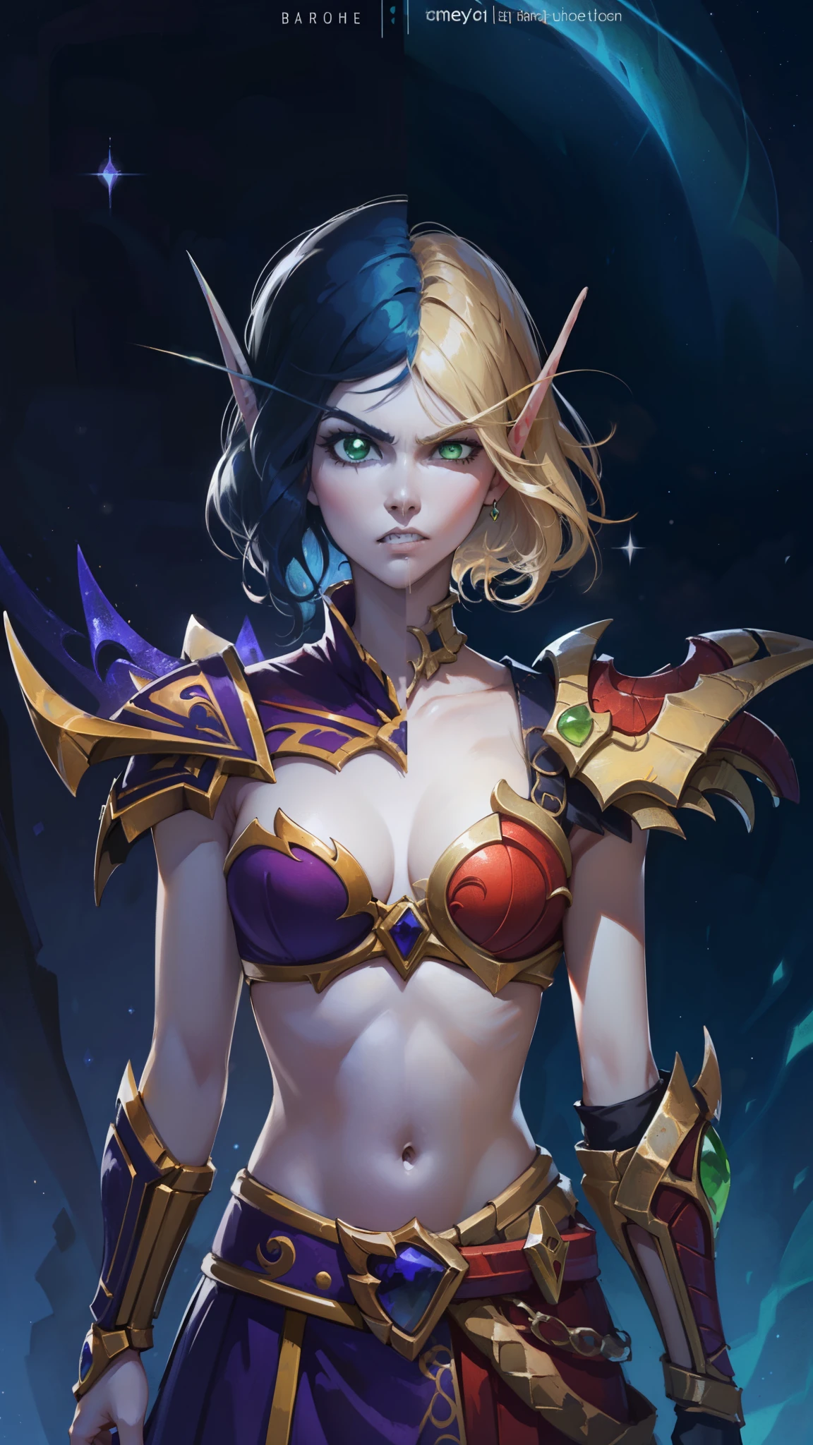 (1girl, long hair, spiral eyes, angry ,clenched teeth) (digital) (Upper Body) (Looking at viewer) (standing), (Light Orange Sparkling Forest background), (short skirt)) , best quality, blonde hair, green eyes, glowing, armor, Abdomen, navel, bloodelf,