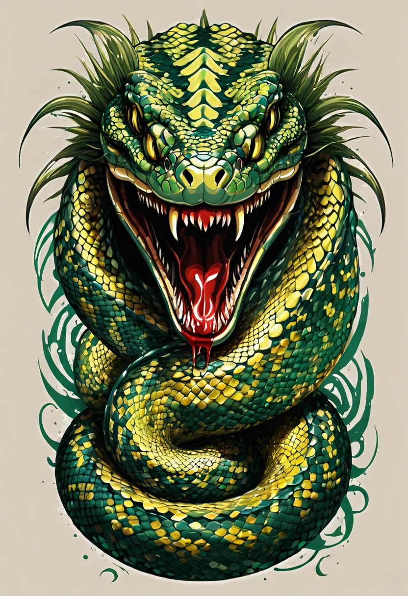 T-shirt designs. Crie uma python inspirado na estética do heavy metal. The artwork features an elegant style, python dourado e verde claro enrolado sinuosamente, its scales shining in the dim light. python'a boca está bem aberta, revealing rows of sharp teeth dripping with blood, exuding a raw feeling, primitive aggression, clear sky and bright sun in the background, improving the sinister atmosphere of the design. python&#39;the eyes shine with a malevolent shine, capturing the essence of danger and violence. The overall style is bold and intense, embodying the dark and edgy spirit of heavy metal music.