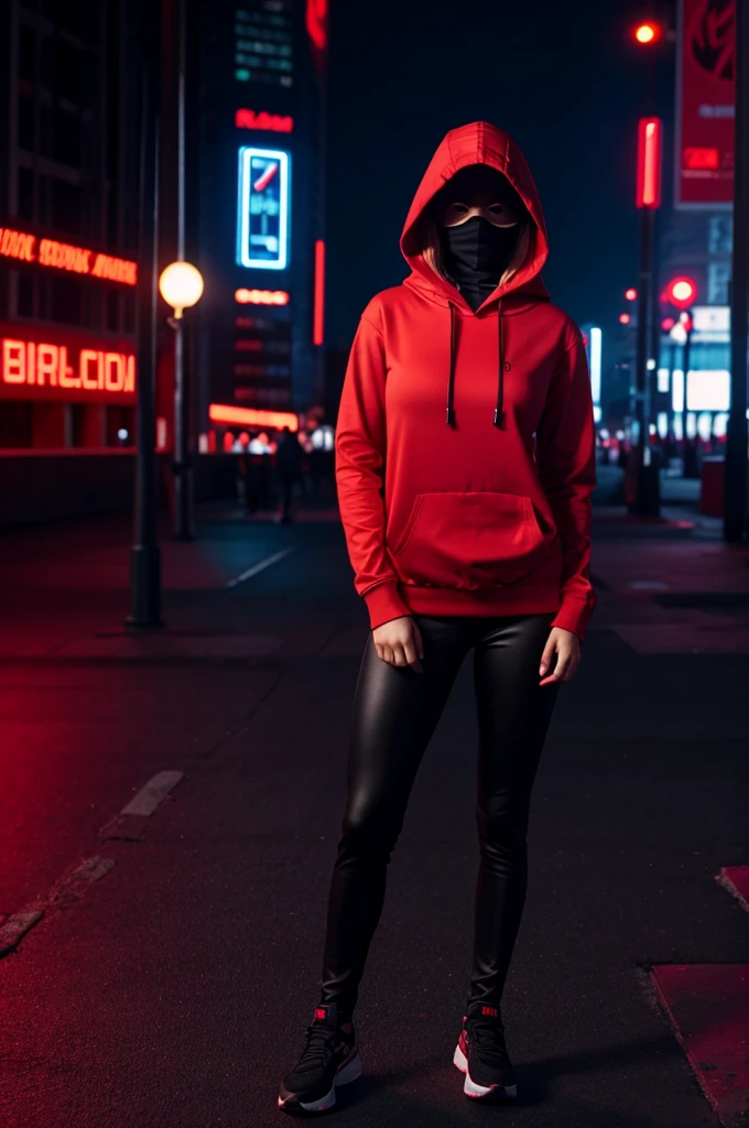 full body maximum image quality, 22 year old quite busty long hair blonde girl wearing a red hooded sweatshirt, tight black leggings and a light red LED hacker mask, with cyber city background 8K full HD