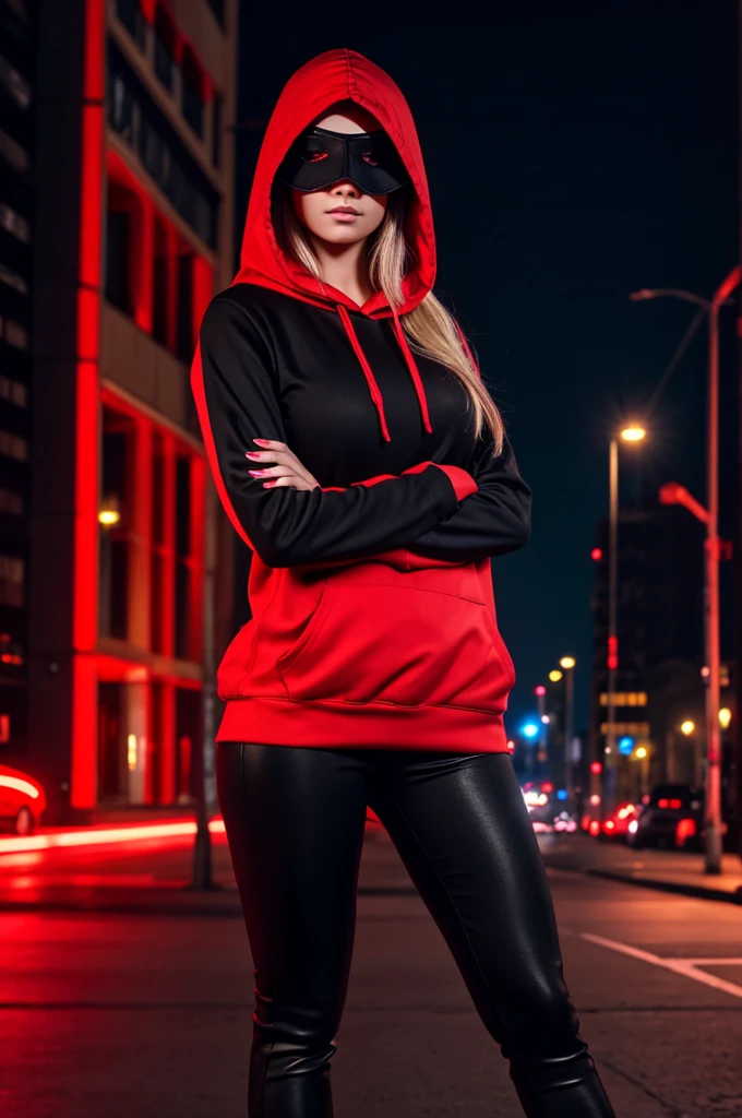 full body maximum image quality, 22 year old quite busty long hair blonde girl wearing a red hooded sweatshirt, tight black leggings and a light red LED hacker mask, with cyber city background 8K full HD