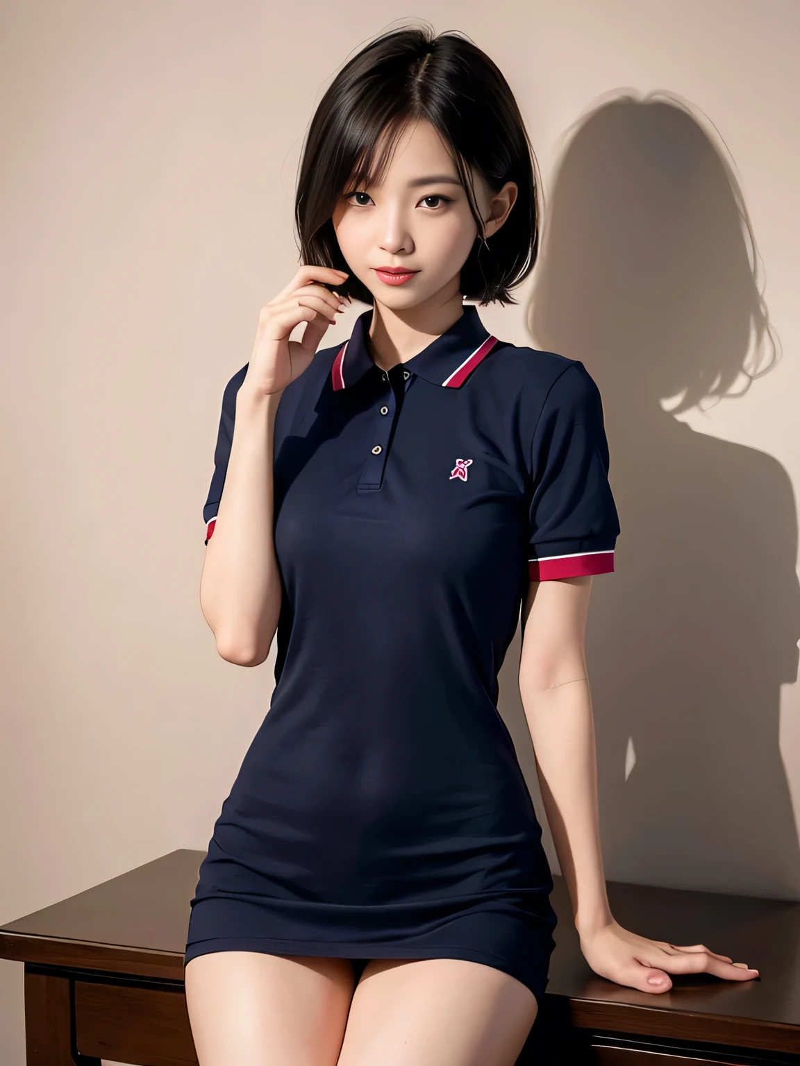 Highest quality、Figures、sexly、Slender、Navy blue open front red polo shirt、sexly非常に詳細、Fine details、Slim Body、Slender、Japanese Girls、High resolution、8k、wallpaper、Perfect dynamic composition、Beautiful fine details、Short Bob Hair、Big natural color lip、大胆なsexlyポーズ、smile、Cold Stare、18 year old girl、Cute、Lolita、Good eyesight、whole body、Pink Wall、smile、