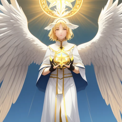 frontal closeup image, Female angel, white angel wings, big chest, white robes, glowing yellow angelic eyes, bright yellow angelic aura, Sariel from nanatsu no taizai, short blonde hair, masterpiece, high quality, 4k, diffuse light, highly detailed, realistic hyper-detail, realistic colour palette, blue sky background