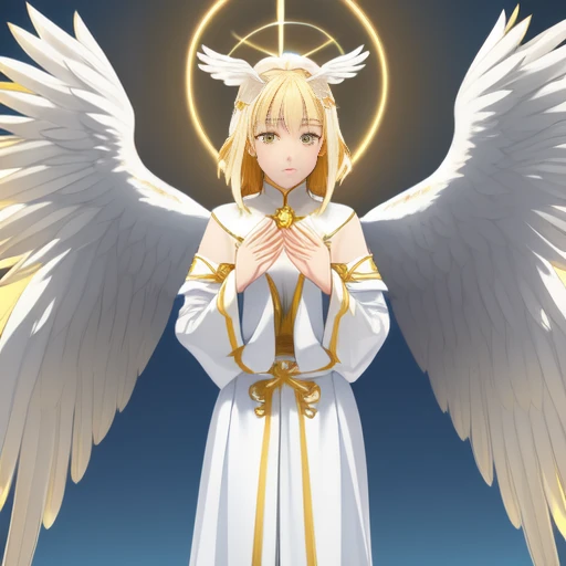 frontal closeup image, Female angel, white angel wings, big chest, white robes, glowing yellow angelic eyes, bright yellow angelic aura, Sariel from nanatsu no taizai, short blonde hair, masterpiece, high quality, 4k, diffuse light, highly detailed, realistic hyper-detail, realistic colour palette, blue sky background