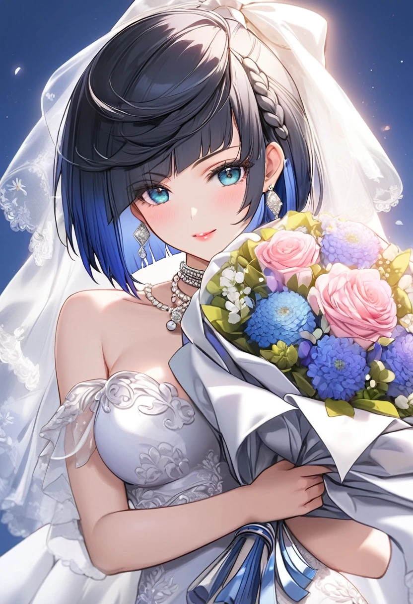 （Genshin Yelan）(masterpiece), (best quality), (Super detailed),(illustration), (1 Girl), (Simple background),Beautiful and delicate eyes, Delicate and beautiful face(High Saturation)(,(shining), focus on face, Bangs, (shining), Optimal lighting, The best shadow,The lens is close，Wearing a wedding dress，Two hands holding a bouquet of flowers。