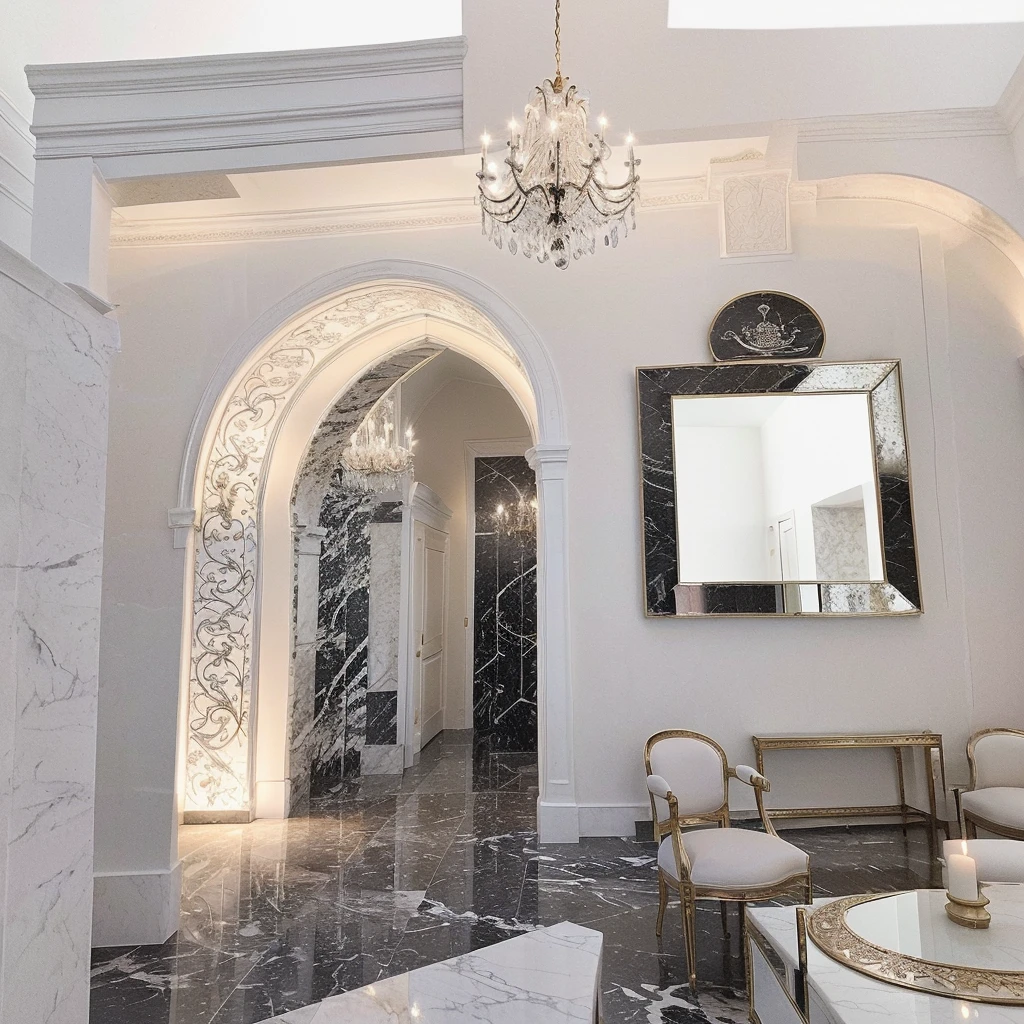 There is an 82cm x 25cm x 82cm MIRROR OF ENCHANTMENT CLASSIC on the wall which is the visual focus ，DIOR advertising style，furniture advertising graphic photography, Italian castle living room, stucco wall,Black and white marble floor、 Italian masterpiece, Great masterpiece，Elegant