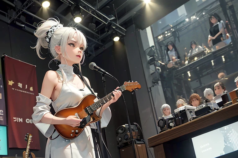 (Highest quality,8k,High resolution,masterpiece:1.2),((masterpiece,Highest quality)), High resolution with great detail,1 girl,(White Hair),ponytail, ((A girl in her fifties singing into a microphone while playing a synthesizer)),((Standing whole body)), (Slender body:1.5),A girl playing the Yamaha MONTAGE7 on stage,Highly detailed skin and facial textures:1.3, Ultra detailed face, Detailed arms, Beautiful attention to detail,Beautiful lip detail,Album cover by Yokoyama Taikan, Playing synthesizer on stage, shutterstock, Realism, Perform on stage, vocalist, Live Performance, Singer-songwriter,Woman playing an electronic piano, Singer-songwriter, Photo taken with Nikon D750,Shot with Canon EOS 5D Mark IV, 