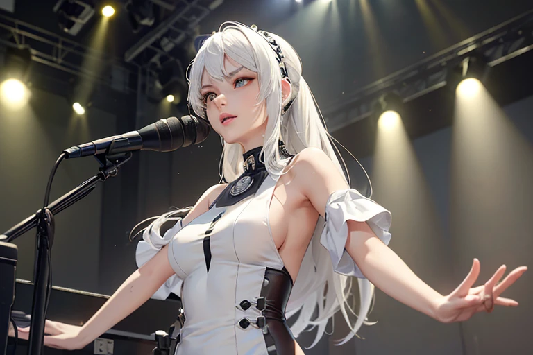 (Highest quality,8k,High resolution,masterpiece:1.2),((masterpiece,Highest quality)), High resolution with great detail,1 girl,(White Hair),ponytail, ((A girl in her fifties singing into a microphone while playing a synthesizer)),((Standing whole body)), (Slender body:1.5),A girl playing the Yamaha MONTAGE7 on stage,Highly detailed skin and facial textures:1.3, Ultra detailed face, Detailed arms, Beautiful attention to detail,Beautiful lip detail,Album cover by Yokoyama Taikan, Playing synthesizer on stage, shutterstock, Realism, Perform on stage, vocalist, Live Performance, Singer-songwriter,Woman playing an electronic piano, Singer-songwriter, Photo taken with Nikon D750,Shot with Canon EOS 5D Mark IV,